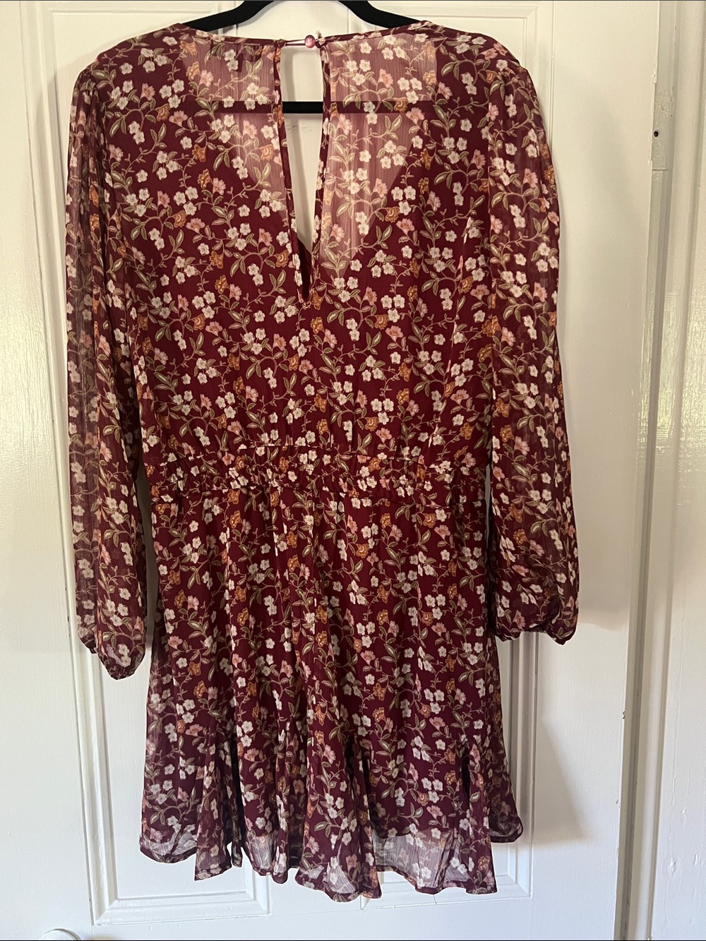 Floral Long-Sleeve V-Neck Mini Dress in Burgundy